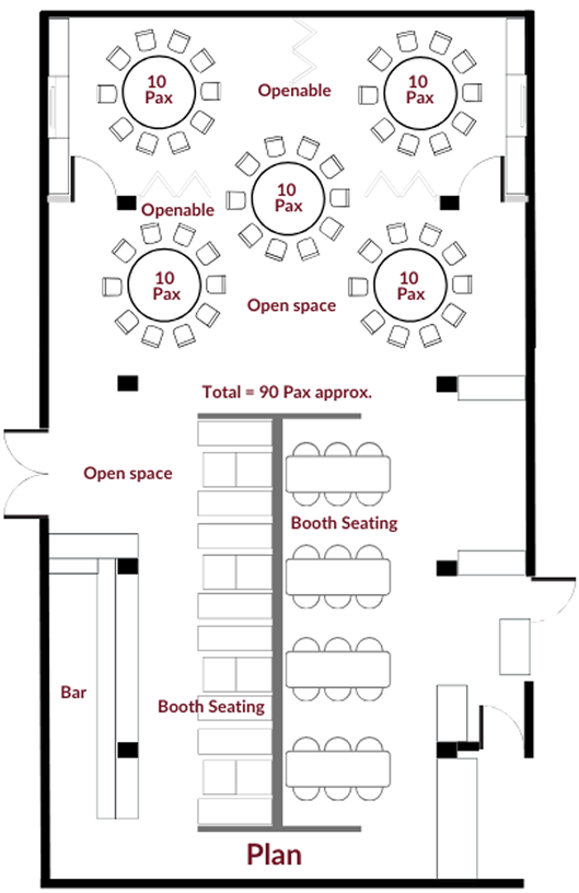 Layout for a full restaurant buyout accommodating 90 guests